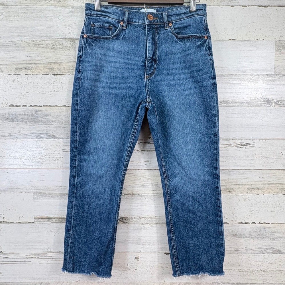 made & loved LOFT High Waist Straight Crop Jeans Medium‎ Wash Raw Hem Size 6